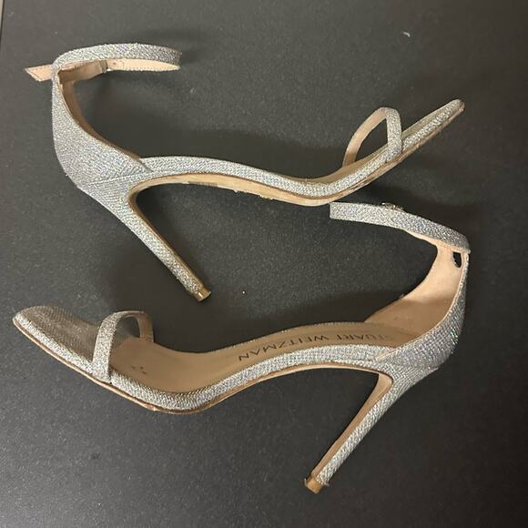 Stuart Weitzman Nudistcurve Glitter Ankle Strap Sandals Silver Crystal Size 8.5 - Picture 7 of 13